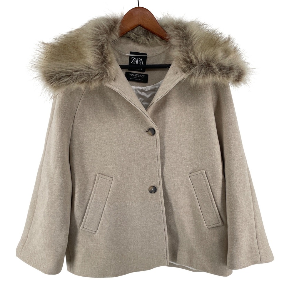 Zara Manteco Wool Blend Faux Fur Detachable Collar Coat Womens Medium Beige Lux‎